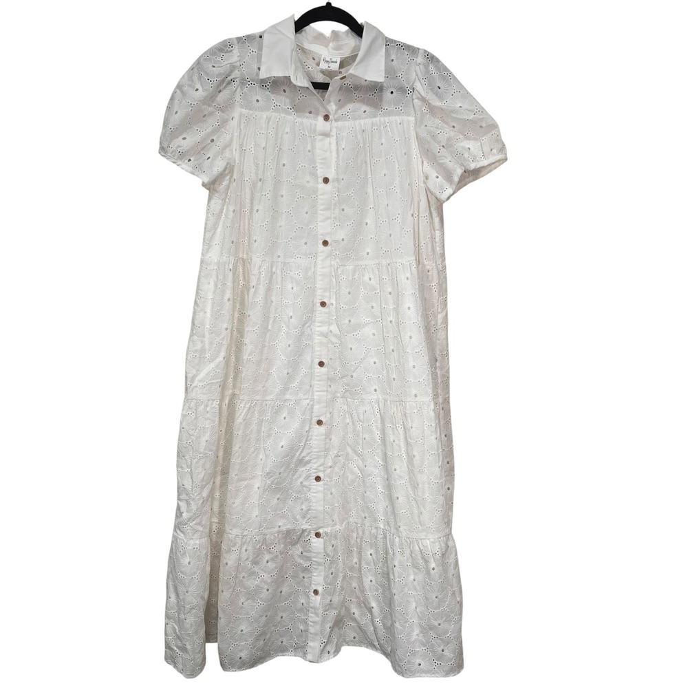 Happy Threads White Eyelet Lace Tiered Midi Dress Short Puff Sleeve Button M